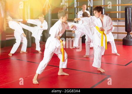 Ragazzi che lavorano in coppia, padroneggiare i calci in classe karate Foto Stock