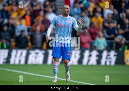 WOLVERHAMPTON, INGHILTERRA - AGOSTO 29: Luke Shaw di Manchester United durante la partita della Premier League tra Wolverhampton Wanderers e Manchester un Foto Stock