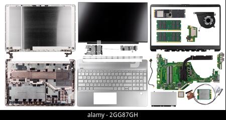 parti e componenti set di un moderno notebook sottile in vista dall'alto isolato su sfondo bianco. tecnologia informatica hardaware concetto di computer. Foto Stock