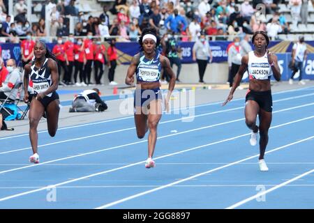 Dina Asher-Smith di Gran Bretagna, Elaine Thompson-Herah di Giamaica e Shericka Jackson di Giamaica durante la IAAF Wanda Diamond League, Meeting de Paris Athletics evento il 28 agosto 2021 allo stadio Charlety di Parigi, Francia - Foto Laurent Lairys / DPPI Foto Stock