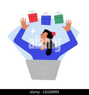Shopping di Natale in linea, giovane donna che usa il laptop per ordinare i regali di Natale per la famiglia, servizio di consegna dei regali di Natale, illustrazione vettoriale del cartone animato Illustrazione Vettoriale
