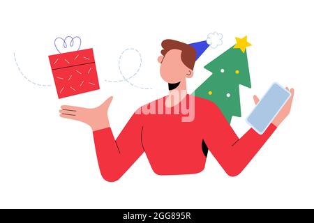 Shopping online di Natale, giovane donna con smartphone per acquistare regali di Natale amici e familiari, servizio di consegna, illustrazione vettoriale cartoni animati Illustrazione Vettoriale