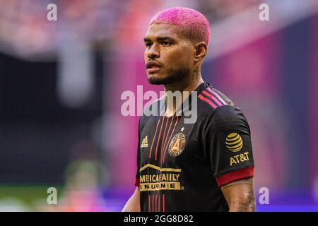 Atlanta, Stati Uniti. 28 agosto 2021. Atlanta United Forward Josef Martinez (7) guarda avanti durante una partita di calcio MLS tra Nashville SC e Atlanta United al Mercedes-Benz Stadium sabato 28 agosto 2021 ad Atlanta, GA. Jacob Kupferman/CSM Credit: CAL Sport Media/Alamy Live News Foto Stock