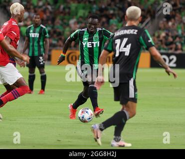 Austin, Texas, Stati Uniti. 29 agosto 2021: Austin FC Forward Moussa Djitte (99) muove la palla durante una partita MLS tra Austin FC e FC Dallas il 29 agosto 2021 ad Austin, Texas. (Credit Image: © Scott Coleman/ZUMA Press Wire) Credit: ZUMA Press, Inc./Alamy Live News Foto Stock