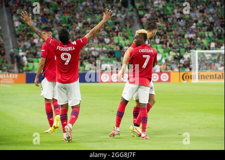 Austin, Texas, Stati Uniti. 29 agosto 2021: Il Dallas FC JesÃºs Ferreira Forward (09) fa un gol durante la partita MLS contro l'Austin FC al Q2 Stadium. Austin, Texas. Mario Cantu/CSM Credit: CAL Sport Media/Alamy Live News Foto Stock