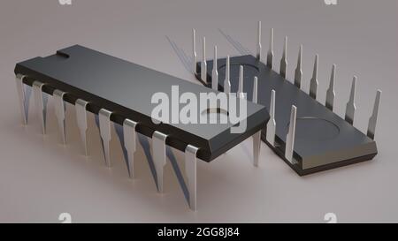 Illustrazione dei chip dei circuiti integrati o del rendering IC 3D. Foto Stock
