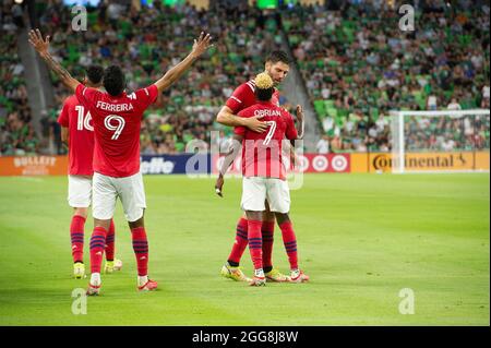 Austin, Texas, Stati Uniti. 29 agosto 2021: Il Dallas FC JesÃºs Ferreira Forward (09) fa un gol durante la partita MLS contro l'Austin FC al Q2 Stadium. Austin, Texas. Mario Cantu/CSM Credit: CAL Sport Media/Alamy Live News Foto Stock