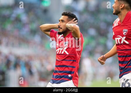 Austin, Texas, Stati Uniti. 29 agosto 2021: Il Dallas FC JesÃºs Ferreira Forward (09) fa un gol durante la partita MLS contro l'Austin FC al Q2 Stadium. Austin, Texas. Mario Cantu/CSM Credit: CAL Sport Media/Alamy Live News Foto Stock