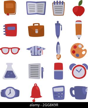 Forniture scolastiche, illustrazione, vettore, su sfondo bianco. Illustrazione Vettoriale