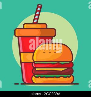 burger con bevanda isolato cartoon illustrazione vettoriale in stile piatto Illustrazione Vettoriale