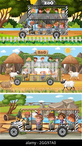 Insieme di diverse scene orizzontali safari con animali e bambini illustrazione del carattere cartoon Illustrazione Vettoriale