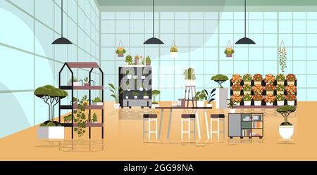 serra piante vaso fiori su scaffali orangeria o negozio floristico interno orizzontale Illustrazione Vettoriale