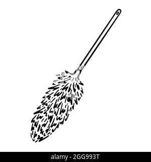 Duster con manico lungo per la pulizia isolato su sfondo bianco. Illustrazione vettoriale disegnata a mano in stile doodle. Adatto per i vostri progetti, decorazioni, logo, disegni vari. Illustrazione Vettoriale