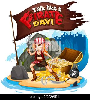 Parla come un font pirata con un'illustrazione Pirate Girl on the Island Illustrazione Vettoriale