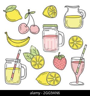 Set di cocktail estivi disegnati su sfondo bianco. Cibo di schizzo vettoriale. Set disegnato a mano - limonata e frutta Illustrazione Vettoriale