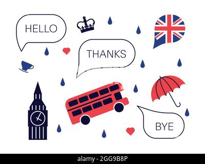 Set di simboli della cultura inglese tradizionale, oggetti e discorsi bolla Ciao, grazie e Bye. Illustrazione del vettore Flat Art Illustrazione Vettoriale