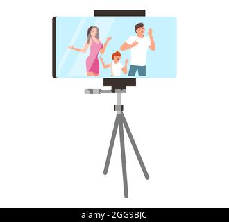 Contenuti video per il concetto di social network broadcast live streaming. Freelancers crea il blog in diretta della famiglia. Illustrazione di Flat Art Vector Illustrazione Vettoriale