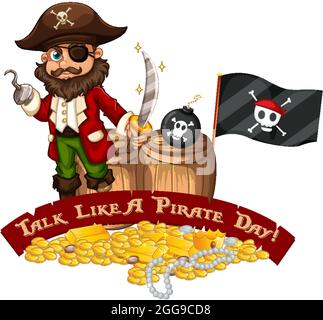 Parla come un banner del carattere del giorno dei pirati con l'illustrazione del personaggio dei cartoni animati pirati Illustrazione Vettoriale