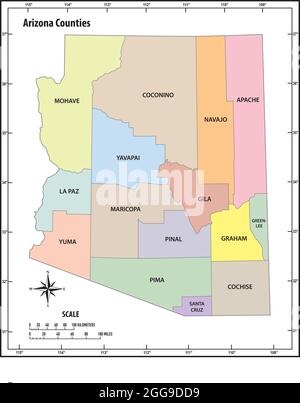 arizona stato delineare la mappa amministrativa e politica vettoriale a colori Illustrazione Vettoriale