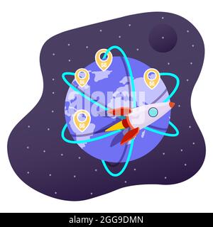 tecnologia di rete wireless 5g, internet ad alta velocità globale, illustrazione vettoriale piatta. Razzo che vola intorno al pianeta Terra. Illustrazione Vettoriale