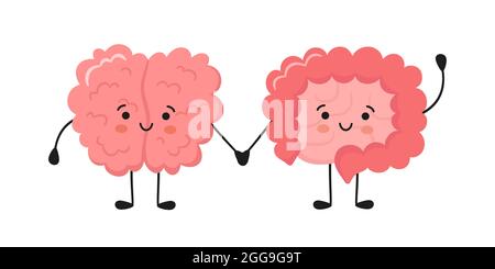 Kawaii cervello umano felice e caratteri divertenti dell'intestino. Simbolo disegnato a mano della comunicazione tra l'intestino e il cervello. Cartoon vettoriale Illustrazione Vettoriale