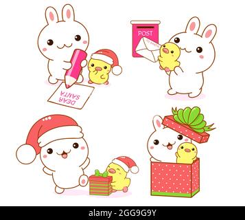 Set di kawaii coniglietto e anatroccolo. Carino piccolo anatra e coniglio amici scrivere una lettera a Santa, inviando una lettera alla casella di posta, con regalo di Natale, Illustrazione Vettoriale