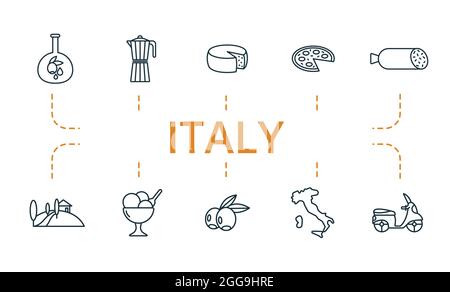 Set di icone per l'Italia. Contiene icone modificabili tema italia come parmigiano, olive, gelato ciotola e altro ancora. Illustrazione Vettoriale