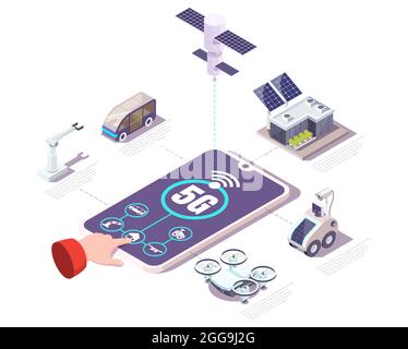 Cellulare di rete 5g con app IoT, illustrazione isometrica vettoriale piatta. Internet delle cose, tecnologie per la casa intelligente. Illustrazione Vettoriale