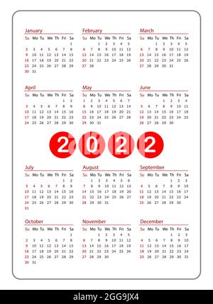 Calendario tascabile verticale rosso su 2022 anni. Calendario modello per le imprese su bianco Illustrazione Vettoriale