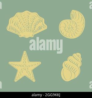 Set di creature marine che disegnano a mano conchiglie e stelle marine in stile profilo e piatto Illustrazione Vettoriale