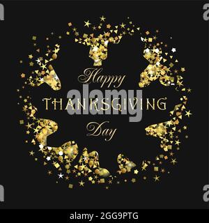 Cartello stagione autunnale. Vacanza luccicante corona felice giorno Thanksgivimg. Ciao Autunno creativi congrats. Decorazioni dorate e luminose. Simbolo decorativo. Isolato a Illustrazione Vettoriale