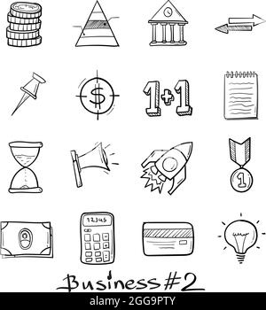 Business e marketing set icone disegnate a mano in stile doodle isolato. Illustrazione Vettoriale