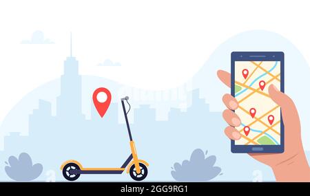 Scooter elettrico, smartphone con percorso e puntine rosse sulla mappa della città, sfondo del paesaggio urbano. Servizio di condivisione scooter online con app per smartphone. Illustrazione Vettoriale
