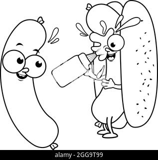 Cartoon salsiccia e hot dog spruzzi di senape. Pagina di colorazione vettoriale in bianco e nero. Illustrazione Vettoriale