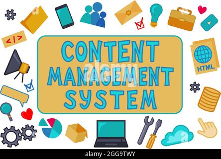 Poster infografico del sistema di gestione dei cartoni animati colorati. Immagine vettoriale del set di icone CMS per il sito Web, banner di sfondo del foglio illustrativo. Illustrazione Vettoriale