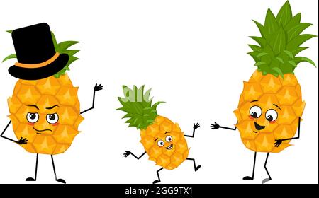 Famiglia di simpatici personaggi ananas con gioie emozioni, sorriso viso, occhi felici, braccia e gambe. Mamma è felice, papà indossa un cappello e il bambino balla. Frutta esotica nella forma di un essere umano Illustrazione Vettoriale