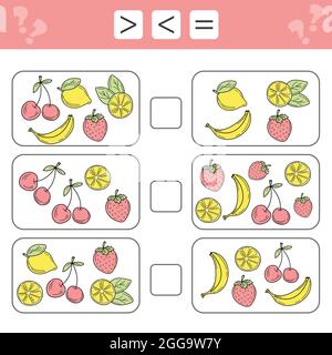 Minore di, maggiore di, uguale. Conta come molti frutti nell'immagine, scriva il risultato. Banana, limone, ciliegia, fragola Illustrazione Vettoriale
