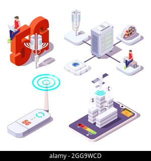 set di icone 5g. Persone che utilizzano internet wireless ad alta velocità. Provider di servizi a banda larga, illustrazione isometrica vettoriale piatta. Illustrazione Vettoriale