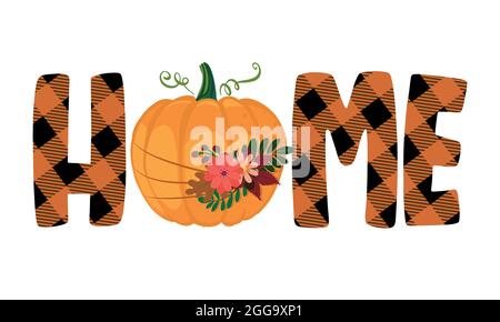 Home parola con bella zucca e foglie di caduta - illustrazione disegnata a mano. Saluto autunnale con zucca carina. Buon per vendita poster di vendita, porta Illustrazione Vettoriale