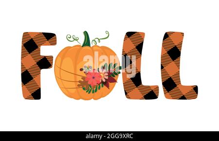 Parola di caduta con la zucca bella e foglie di caduta - illustrazione disegnata a mano. Saluto autunnale con zucca carina. Buon per vendita poster di vendita, porta Illustrazione Vettoriale