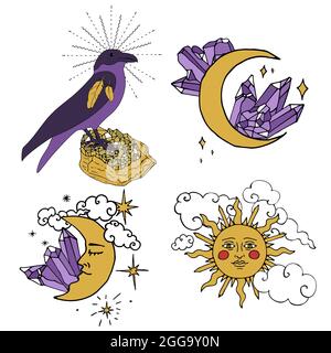 Set di 4 mistiche vele con cristalli d'ametista e d'oro, sole e luna. Illustrazione Vettoriale