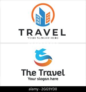 Logo da viaggio con disegno vettoriale a icone di edifici e piani Illustrazione Vettoriale