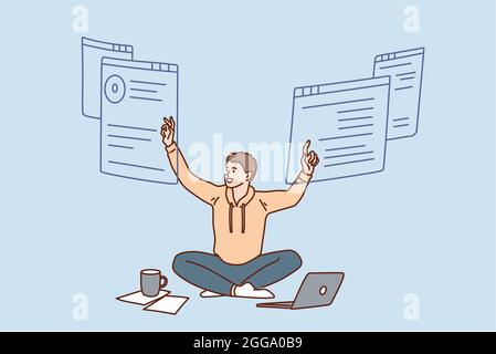 Concetto di lavoro indipendente e di localizzazione remota. Giovane uomo sorridente che strega sul pavimento con il computer portatile e il caffè che lavora, con un'illustrazione vettoriale positiva Illustrazione Vettoriale