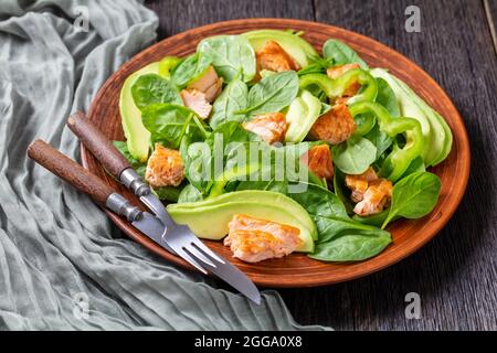 avocado di spinaci al salmone e insalata di peperoni verdi su un piatto rustico marrone con forchetta e coltello su un tavolo di quercia di bog, pranzo mediterraneo Foto Stock