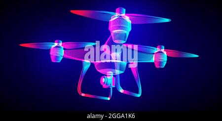 Drone volante con una foto aerea o videocamera d'azione. Struttura vettoriale Quadrocopter a reticolo in stile neon-art fluorescente. 3D astratto illu Illustrazione Vettoriale