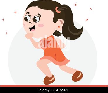 Ragazza che corre nel parco con abito estivo. Ragazza piccola felice che fa jogging verso la scuola e per rimanere in forma. Illustrazione Vettoriale