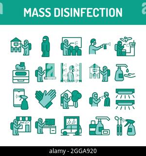 Set di icone della linea di colori per disinfezione di massa. Elemento vettoriale isolato. Pittogrammi di contorno per pagina web, app mobile, promo. Illustrazione Vettoriale