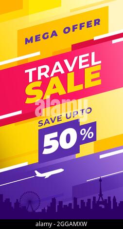 Offerta di vendita di viaggio. Colorato modello di storie instagram di viaggio. Da utilizzare nel disegno come volantino, stampa o striscione. Risparmia fino al 50%. Verticale. Illustrazione Vettoriale