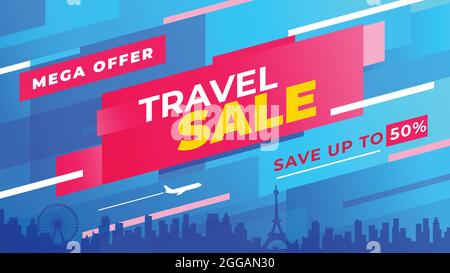 Offerta di vendita di viaggio. Modello di viaggio colorato da utilizzare nel tuo progetto come volantino, stampa o banner. Risparmia fino al 50%. Composizione orizzontale. Illustrazione Vettoriale