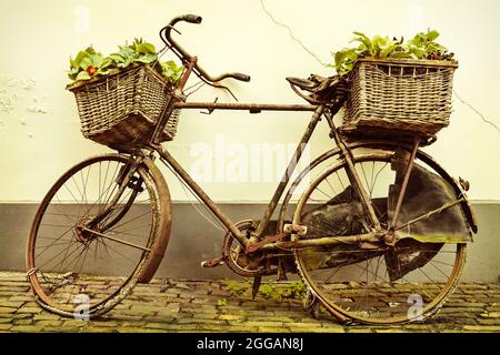 Immagine retrò di una vecchia bicicletta arrugginita rotta con cesti Foto Stock